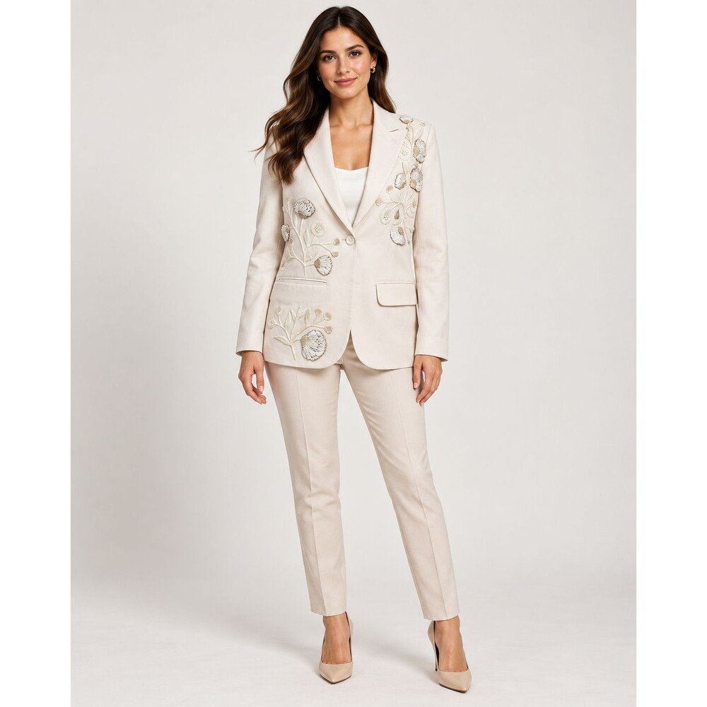 Anthropologie Pankaj & Nidhi Ivory Floral Embroidered Blazer Jacket Designer XS